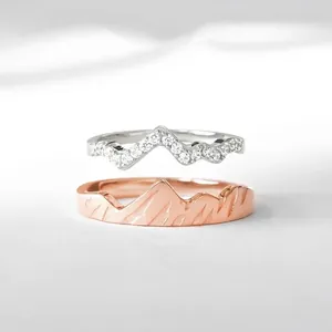 Women's Copper Mountain Peak Ring Set Micro Inlaid Rhinestone Snow Mountain Glacier Minimalist Two Piece Stacking Ring Jewelry