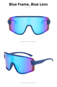 Close-up of blue frame sports cycling sunglasses with reflective blue mirrored lenses