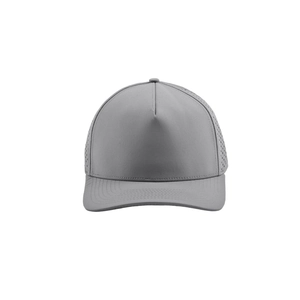 Detail view of laser-cut ventilation holes on a breathable lightweight grey baseball cap