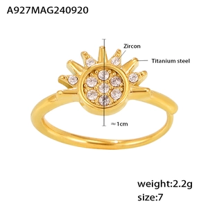 Macro view of titanium steel ring with sun design, inlaid zircon, and 1cm diameter size