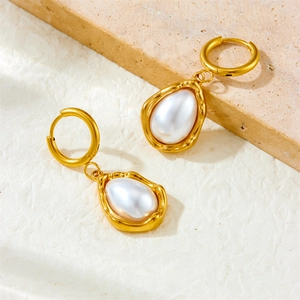 French vintage teardrop pearl earrings with irregular gold plating on stainless steel hoops