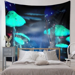 Detailed close-up of fantasy mushroom tapestry with bioluminescent forest pattern