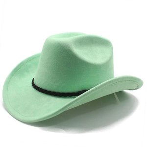 Detail of mint green suede cowboy hat featuring a black braided decorative band