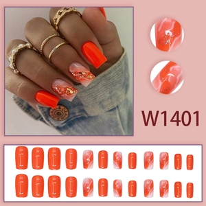 Faux ongles orange marbré avec paillettes, forme carrée-arrondie, lot de 24 pièces
