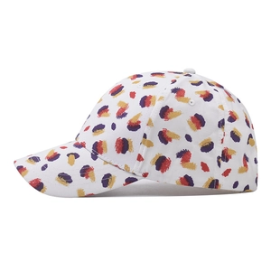 White cotton baseball cap with colorful brushstroke leopard print for outdoor sun protection