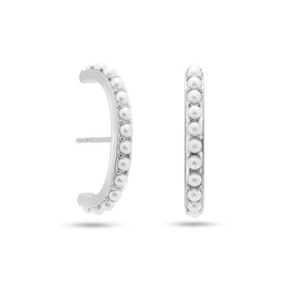 Detailed view of S925 sterling silver C-shaped hoop earrings with white pearl accents