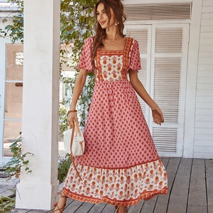 Bohemian Floral Print Maxi Dress Square Neck Short Sleeve High Waist Patchwork A Line Holiday Cotton Viscose Blend Women