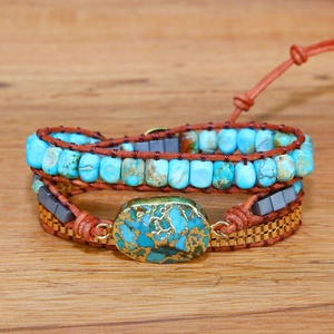 Bohemian multi-layer turquoise wrap bracelet with natural stone beads and gold metal chain