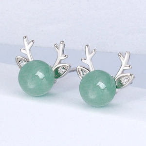 Silver reindeer antler stud earrings with green aventurine and sparkling white crystals