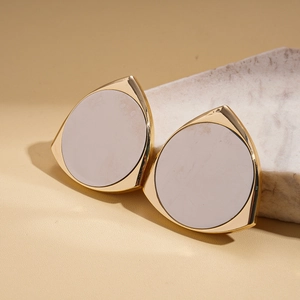 Minimalist 14K gold plated triangular geometric stud earrings with beige round inlay