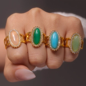 Vintage Titanium Steel Oval Natural Stone Open Ring For Women 18K Gold Plated Zirconia Adjustable Geometric Fashion Jewelry Finger Ring