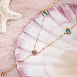 16K gold stainless steel Y-necklace with colorful heart zircon charms on shell