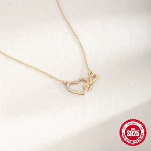S925 sterling silver infinity heart pendant necklace with gold plating and zircon stones