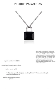 Close-up of S925 silver necklace with black zircon lock pendant and dimension details