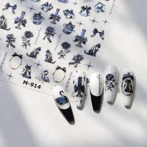 3D Embossed Nail Art Stickers Gothic Black Glitter Cat Rose Bow Retro Self Adhesive Manicure Decoration For Women
