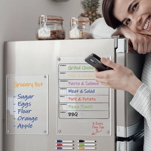 Acrylic magnetic weekly planner and grocery list set on fridge with colorful markers
