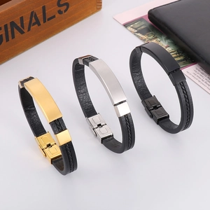 Men's braided leather bracelet set with stainless steel plates in gold, silver, and black
