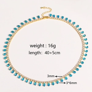 Detail showing gold-plated necklace weight 16g and blue zircon teardrop pendant size 3x6mm