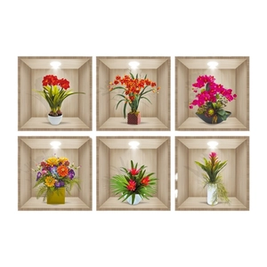 Set of six 3D floral wall stickers featuring faux potted plants in wooden frames