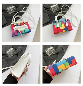 Detail view of colorful geometric puzzle tote bag showing front, back and side angles