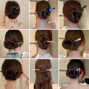 Vintage Chinese Style Hair Sticks Wooden Metal Floral Design Hairpins Elegant Traditional Accessories For Women