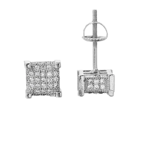 Iced out square zircon stud earrings with screw back design in silver finish