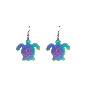 Rainbow gradient sea turtle dangle earrings with holographic finish and metal hooks