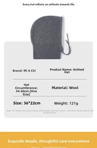 Size chart for wool knit balaclava showing 54-60cm circumference and thick winter fabric