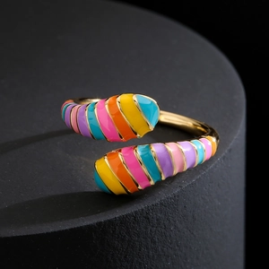 Colorful enamel snake ring in 18K gold plated copper with vibrant striped pattern