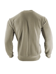 Détail du cardigan kaki pour homme présentant des textures en maille torsadée et gaufrée