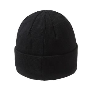 Minimalist black knitted beanie hat for men featuring a warm ribbed cuff design in solid dark tone