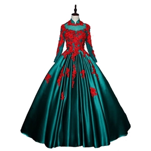 Robe de soirée élégante vert émeraude à manches longues avec dentelle florale et jupe satin