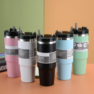 Insulated 32oz stainless steel coffee tumblers with straws in five assorted colors