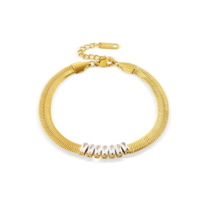 Detailed close-up of a 18K gold-plated flat snake chain with rectangular cubic zirconia
