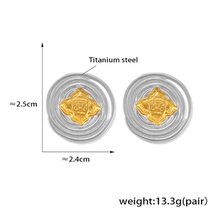 Detail view of 18K gold-plated titanium steel earrings with dimensions and weight info