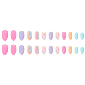 Pastel macaron press-on nails set featuring rainbow swirls and heart patterns