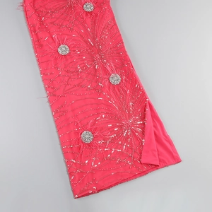 Exquisite details of magenta evening gown with silver sequins and feather accents