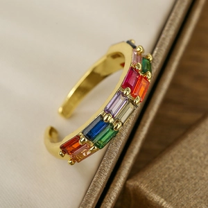 Exquisite Zircon Open Ring Copper Gold Plated Adjustable Colorful Baguette Cut Vintage Fashion Jewelry For Women