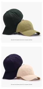 Close-up of four solid color cotton baseball caps with breathable eyelets and curved brims