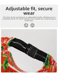 Detail of adjustable plastic buckle and elastic strap on floral pattern beret hat