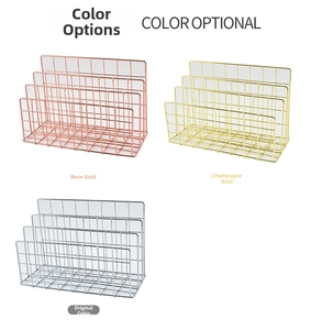 Three-slot metal wire desktop book rack available in rose gold, champagne gold, and silver