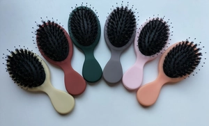 Detailed fan-shaped display of portable hairbrushes in six vibrant matte colors