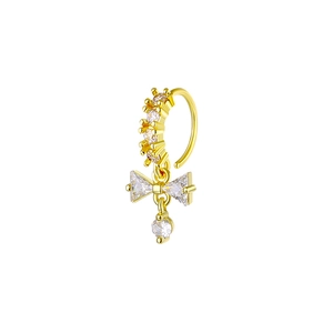 Golden heart bow nose ring with clear cubic zirconia inlays and dangling bow pendant
