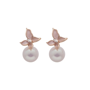 Boucles d'oreilles papillon en émail rose avec perles blanches et strass brillants