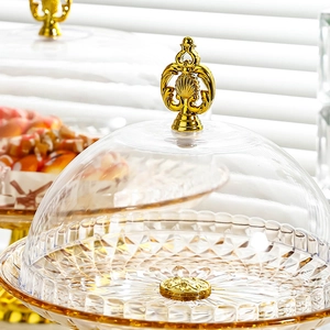 European luxury acrylic cake stand with golden base and diamond pattern domed lid