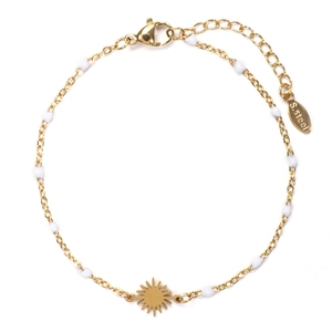 Detail of gold stainless steel sun pendant bracelet with white beads and lobster clasp