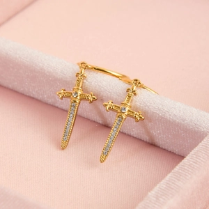 Gothic 316 stainless steel sword earrings with white zircon on pink velvet box