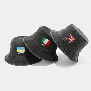 Washed black cotton bucket hats with national flags embroidery including Ukraine and Italy