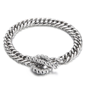 Bracelet classique en acier inoxydable argenté avec chaîne cubaine et fermoir OT