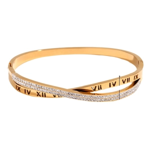 18K gold plated stainless steel crossover bangle with pavé crystals and roman numerals